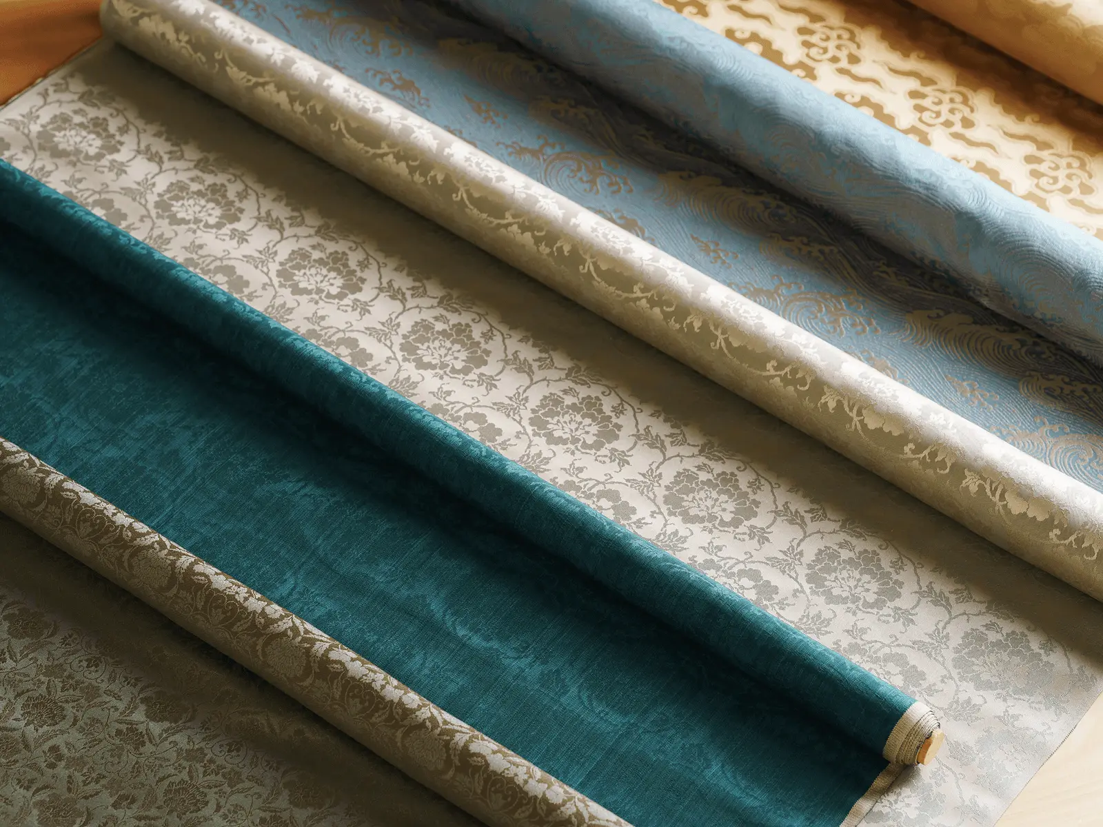 金襴や緞子などの表装用裂地が何本も並べて広げられており、掛け軸や屏風の修復・仕立てに使用される伝統的な和布の色柄や質感を比較できる様子