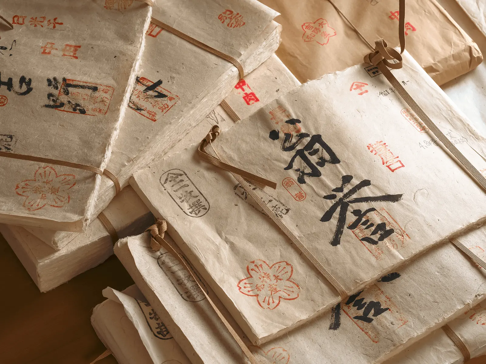 修復や表装に使用される手漉き和紙の束が紐でまとめられ、工房内に積み重ねて保管されている様子で、日本の伝統的な掛け軸修復技術を支える素材がわかる