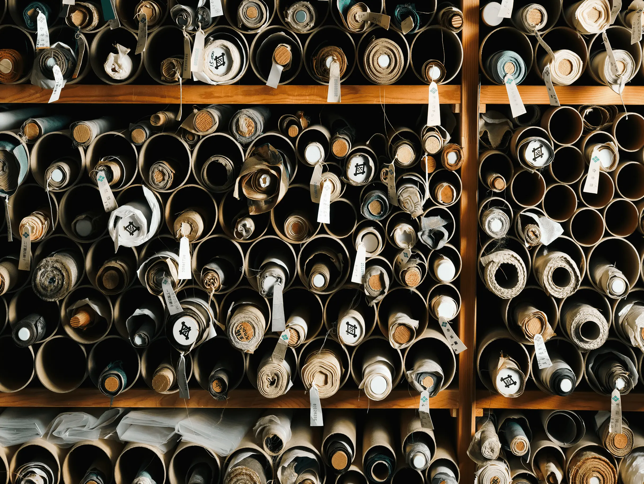 表装用の裂地ロールが棚に大量に保管されている工房内の様子。掛け軸修復や屏風修復に使用される布地が整理されており、表具師の作業環境が分かる。