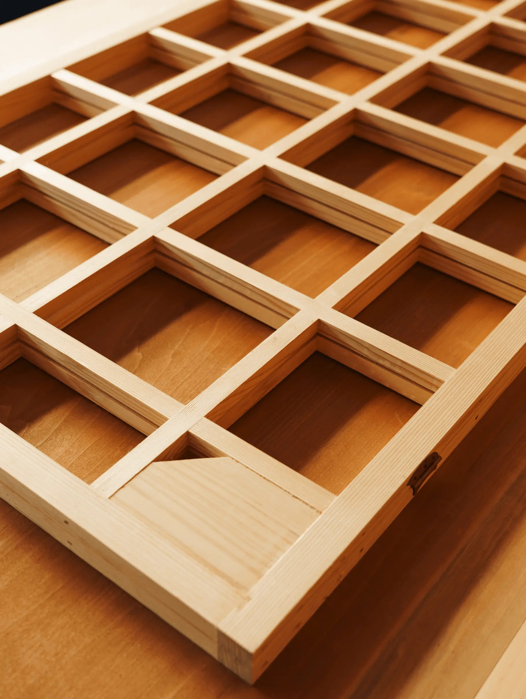 組子状に仕切られた襖の木製下地枠の制作工程の写真。無垢材を使用した精密な格子構造が確認でき、襖張替えや建具修復における伝統的な木工技術と耐久性を支える内部構造を示している。