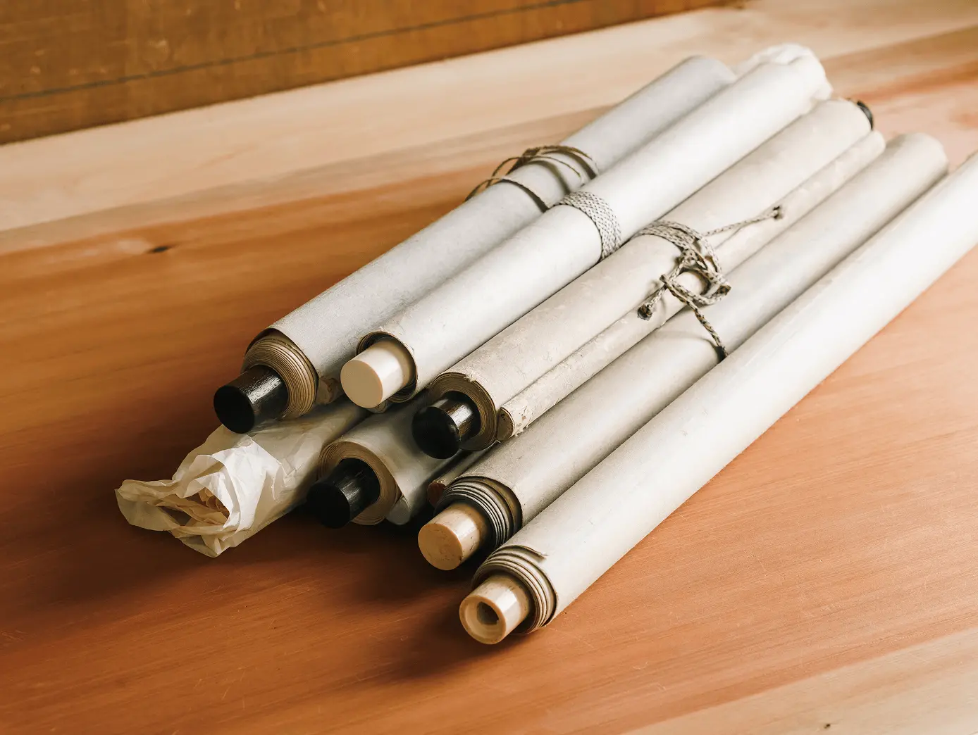 木製テーブルの上に並べられた複数の掛け軸の軸棒。白い布で包まれた軸棒と真鍮製の金具が付いた軸先が見える保管時の様子