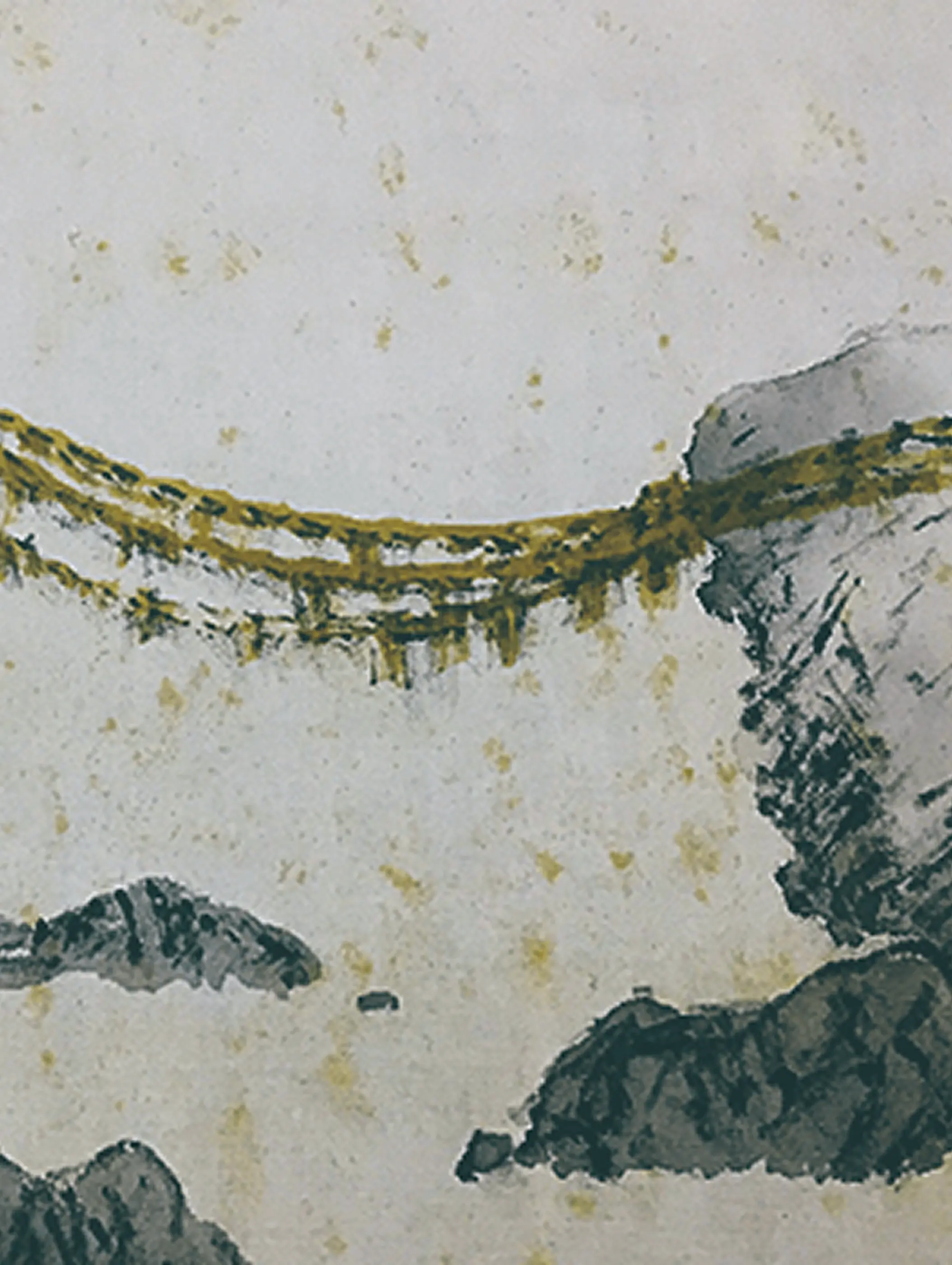 紙の欠損や虫食い跡が残る掛け軸の背景部分の修復前の拡大画像で、山水表現の顔料の剥落や紙の傷みが確認できる状態。株式会社辻村表具店（三重県伊勢市）の修復前記録